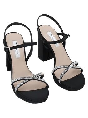 Nina Womens Steven-LS Rhinestone Black Satin Block Heel Sandals Size 7.5M